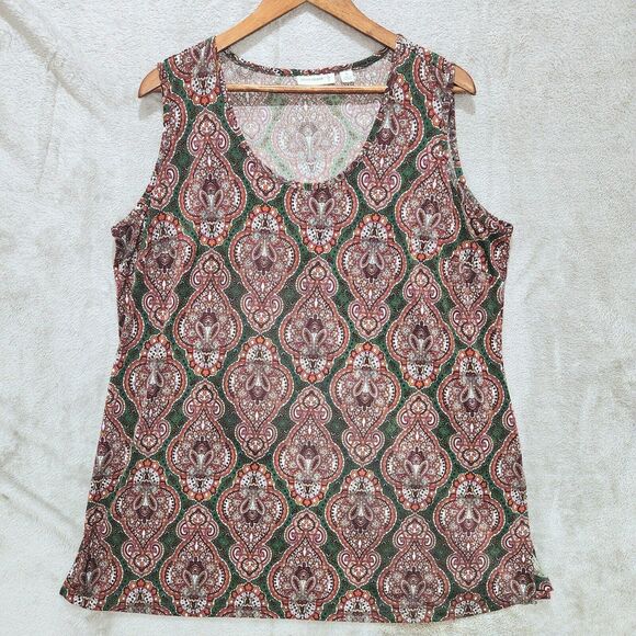 Susan Graver Womens Green Red Geometric Print Sleeveless Blouse Size 1X Boho - Picture 1 of 10